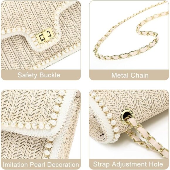 Straw Crossbody Bag Women Pearl Summer Beach Purse Elegant Boho Woven - Picture 5 of 7